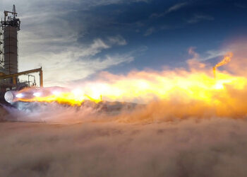 Immagine di un motore a razzo BE-4 su un banco di prova nel Texas occidentale.