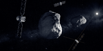La missione Hera dell'ESA verso il sistema di asteroidi binari Didymos e i due CubeSat che trasporterà, Juventas e Milani. Credits: ESA - ScienceOffice.org