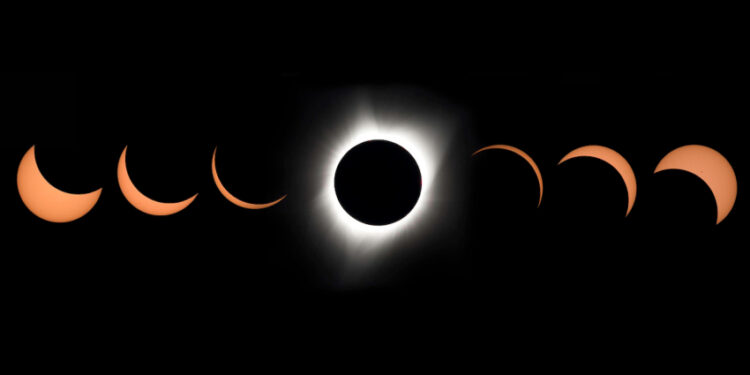 Immagine composita che mostra la progressione di un'eclissi solare totale vista dall'Oregon nell'agosto 2017. Credits: NASA/Aubrey Gemignani