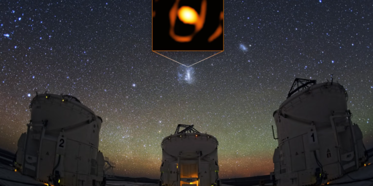 I telescopi del Very Large Telescope Interferometer dell'ESO, in Cile, e uno zoom con l'immagine della stella WOH G64 scattata dallo strumento GRAVITY Credits: ESO/K. Ohnaka et al. 2024