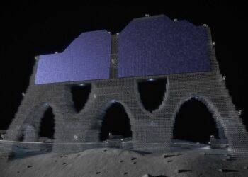 Render artistico di una grande struttura spaziale ad alte prestazioni composta da elementi costitutivi (in questo caso sulla superficie lunare) utilizzando componenti modulari. Credits: NASA