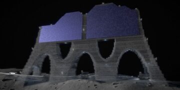 Render artistico di una grande struttura spaziale ad alte prestazioni composta da elementi costitutivi (in questo caso sulla superficie lunare) utilizzando componenti modulari. Credits: NASA