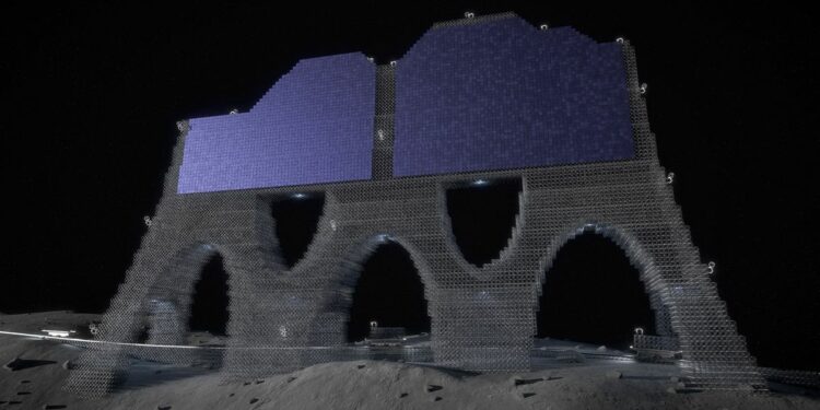 Render artistico di una grande struttura spaziale ad alte prestazioni composta da elementi costitutivi (in questo caso sulla superficie lunare) utilizzando componenti modulari. Credits: NASA