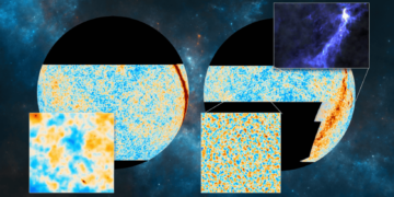 A sinistra la nuova mappa a mezzocielo della CMB realizzata dall’Atacama Cosmology Telescope, in aggiunta a quelle di Planck. In basso, un ingrandimento di 10x10 gradi. A destra la nuova mappa in polarizzazione con un ingrandimento (in basso) e la regione galattica della nebulosa di Orione (in alto). Credits: ACT Collaboration; ESA/Planck