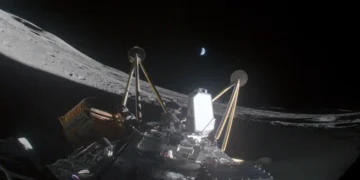 Il lander Odysseus della missione IM-2 posato su un fianco sulla Luna.