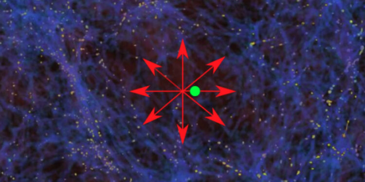 Se la nostra galassia si trovasse in un vuoto cosmico, come la posizione del punto verde, la materia si allontanerebbe rapidamente da noi a causa di una maggiore attrazione gravitazionale dalle regioni circostanti più dense, come mostrato dalle frecce rosse. Credits: Moritz Haslbauer e Zarija Lukic