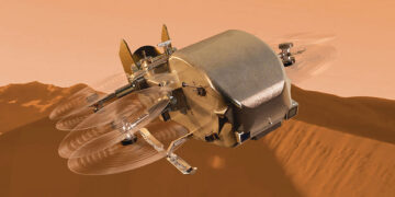 Render artistico della missione Dragonfly della NASA su Titano, luna di Saturno. Credits: NASA