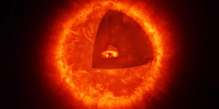 Rappresentazione artistica di una Black Hole Star (non in scala). Il ritaglio mostra il buco nero centrale con il disco di accrescimento che lo circonda. Ciò che rende questa una BHS è l'involucro circostante di gas. Credits: MPIA/HdA/T. Müller/A. de Graaff