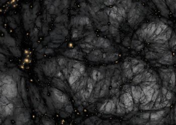 Simulazione della formazione della materia oscura. Credit: Ralf Kaehler/SLAC National Accelerator Laboratory, American Museum of Natural History