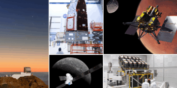 A sinistra il Vera C. Rubin Observatory, a destra il Nancy Grace Roman Space Telescope, la missione MMX della JAXA, la missione Bepi Colombo dell'ESA e il telescopio spaziale PLATO dell'ESA.