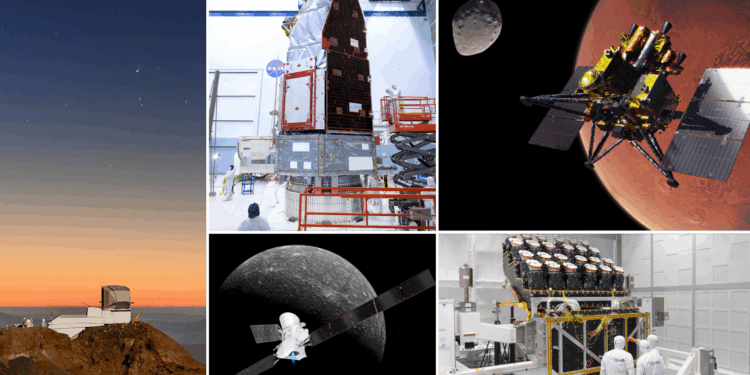 A sinistra il Vera C. Rubin Observatory, a destra il Nancy Grace Roman Space Telescope, la missione MMX della JAXA, la missione Bepi Colombo dell'ESA e il telescopio spaziale PLATO dell'ESA.