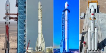 Da sinistra a destra: Zhuque-3 di LandSpace; CZ-12A della SAST; Tianlong-3 di Space Pioneer; Kinetica-2 di CAS Space.