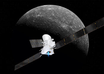 Render artistico della missione europea BepiColombo nei pressi di Mercurio. Credits: ESA/ATG medialab, Mercurio: NASA/JPL