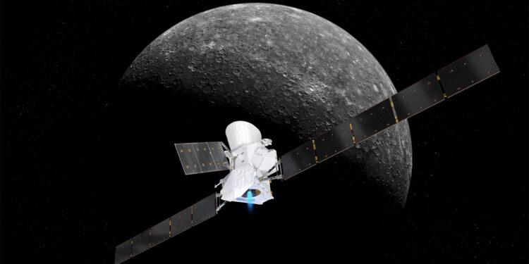Render artistico della missione europea BepiColombo nei pressi di Mercurio. Credits: ESA/ATG medialab, Mercurio: NASA/JPL